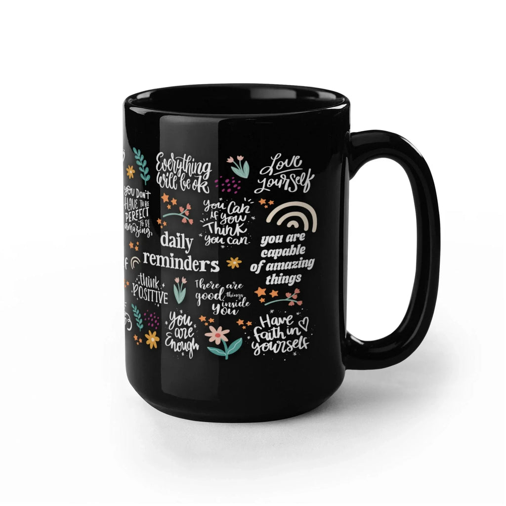 Positive Vibes Daily Reminders Black Ceramic Mug – Inspirational Self-Love & Motivational Quote Coffee Cup – Uplifting Gift for Women, Friends, Coworkers & Students