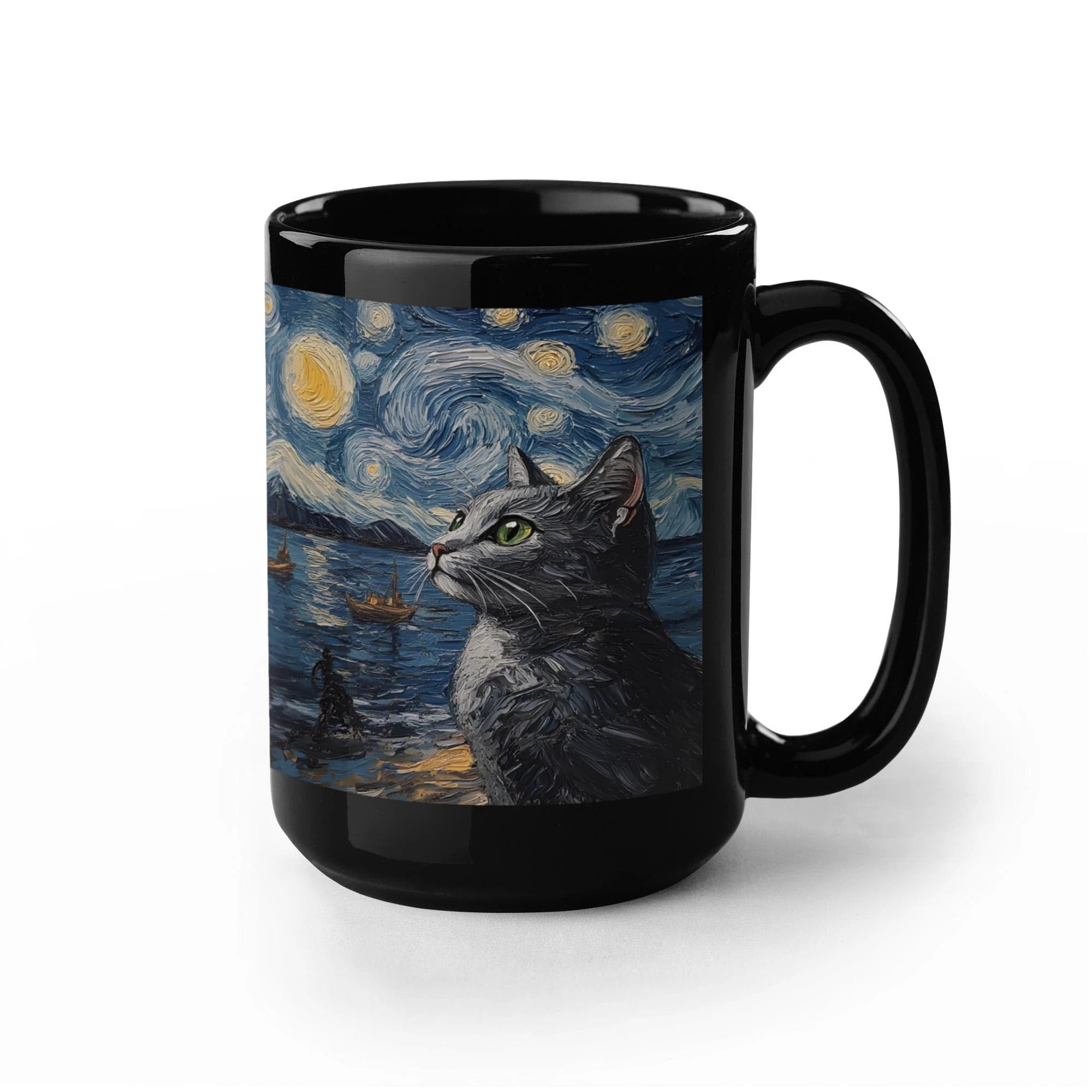 Starry Night Cat Mug – Black Ceramic Coffee Cup with Artistic Van Gogh Style Cat, Gift for Cat Lovers, Artists & Aesthetic Coffee Drinkers