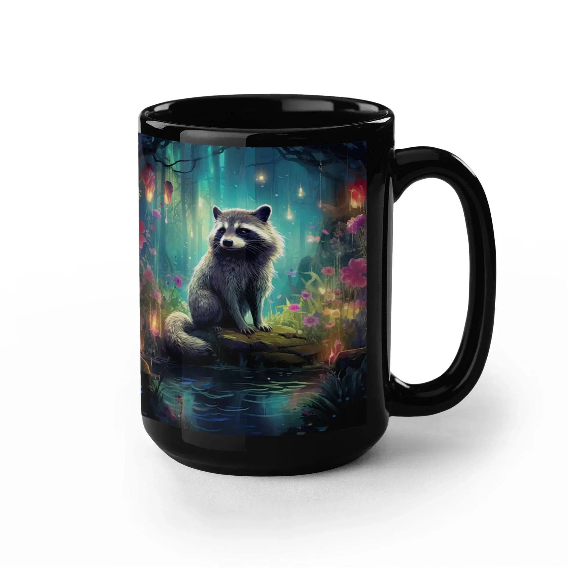 Enchanted Raccoon Black Coffee Mug – Fantasy Forest Animal Design | 11oz & 15oz Ceramic Mug
