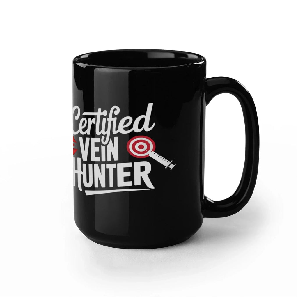 Certified Vein Hunter Phlebotomist Black Coffee Mug – Funny Medical Lab Tech Gift for Coworkers, Nurses & Students
