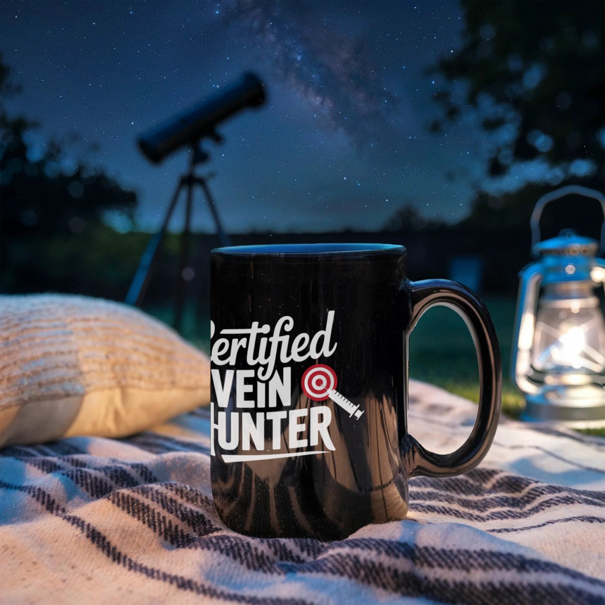 Certified Vein Hunter Phlebotomist Black Coffee Mug – Funny Medical Lab Tech Gift for Coworkers, Nurses & Students