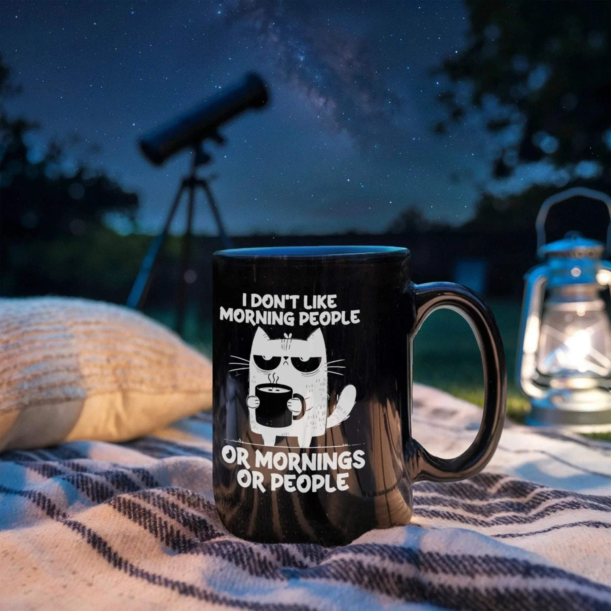 I Don't Like Morning People Funny Cat Mug – Sarcastic Cat Lover Black Coffee Cup