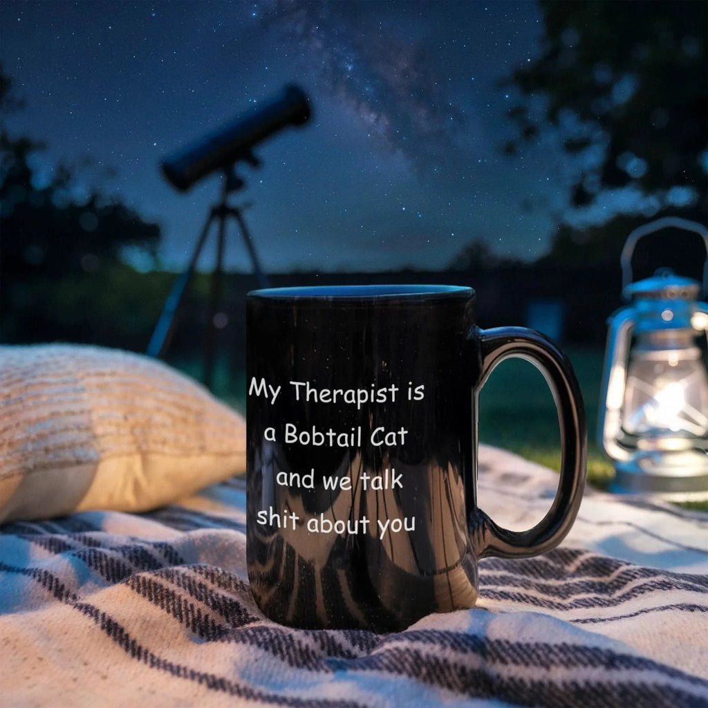 My Therapist Is a Bobtail Cat Funny Cat Lover Black Ceramic Coffee Mug