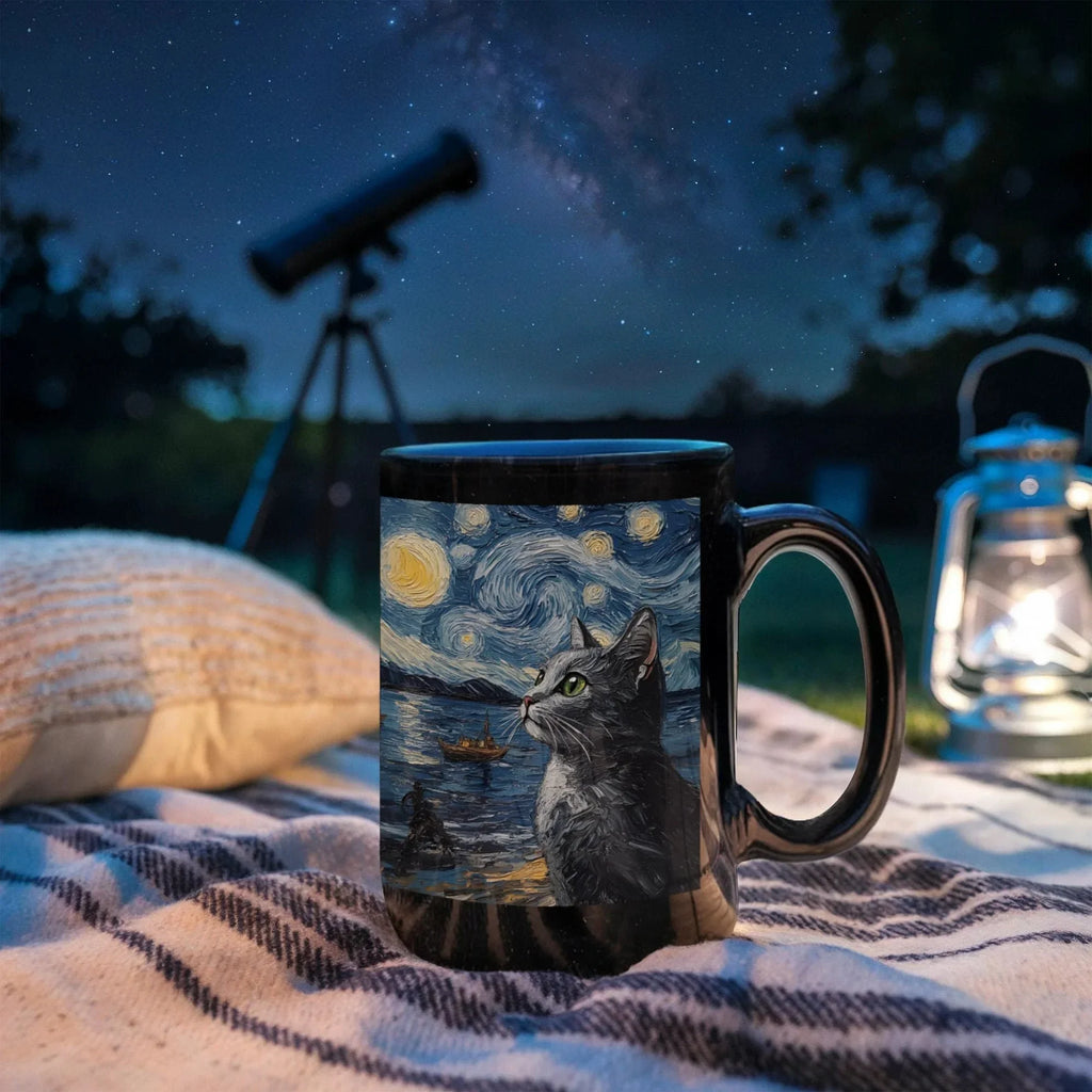 Starry Night Cat Mug – Black Ceramic Coffee Cup with Artistic Van Gogh Style Cat, Gift for Cat Lovers, Artists & Aesthetic Coffee Drinkers