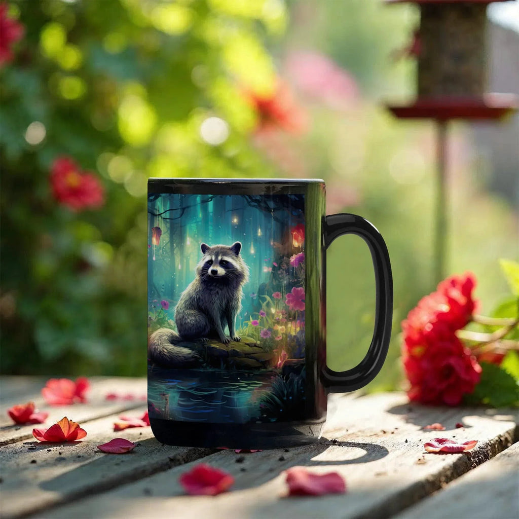 Enchanted Raccoon Black Coffee Mug – Fantasy Forest Animal Design | 11oz & 15oz Ceramic Mug