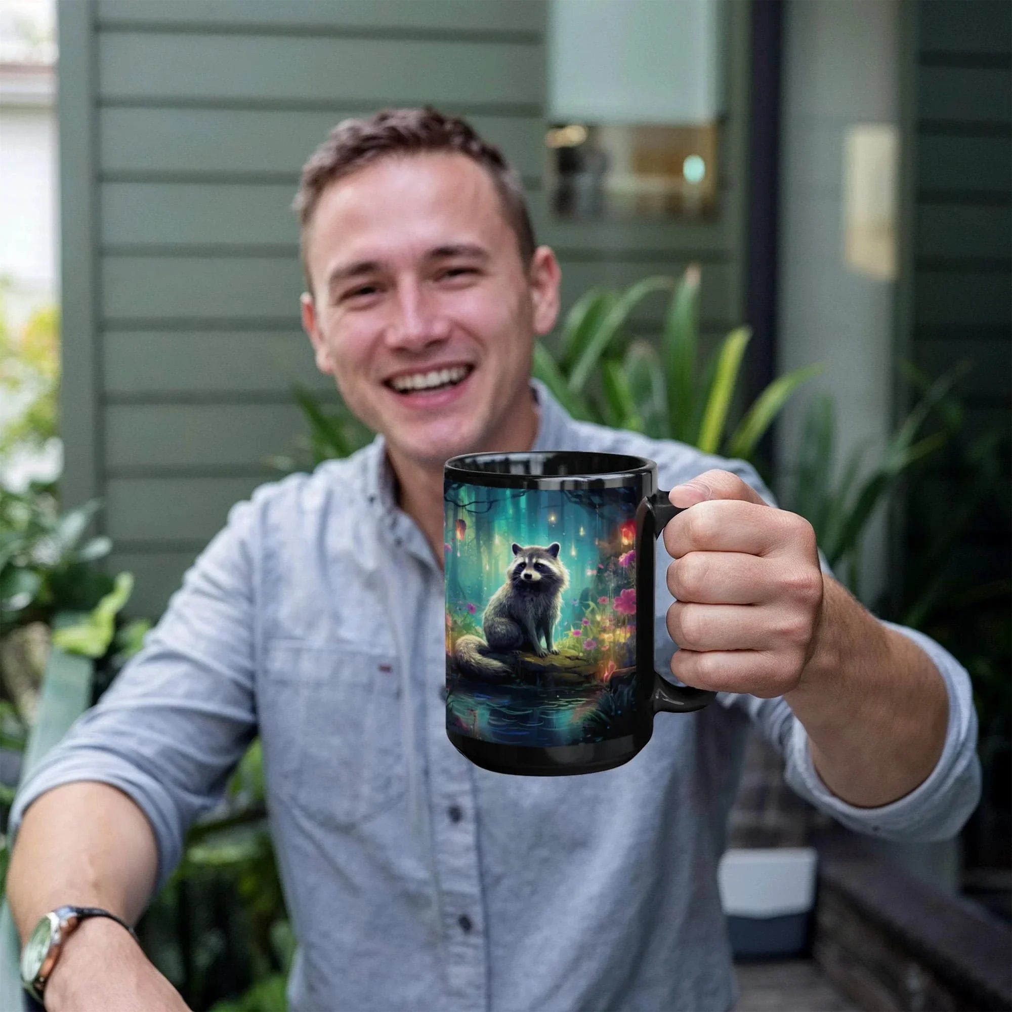 Enchanted Raccoon Black Coffee Mug – Fantasy Forest Animal Design | 11oz & 15oz Ceramic Mug