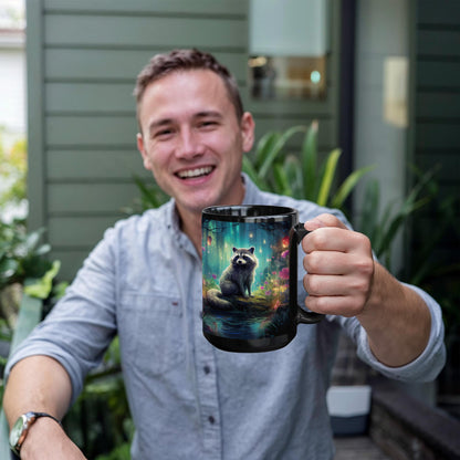 Enchanted Raccoon Black Coffee Mug – Fantasy Forest Animal Design | 11oz & 15oz Ceramic Mug - Mallard Moon Gift Shop
