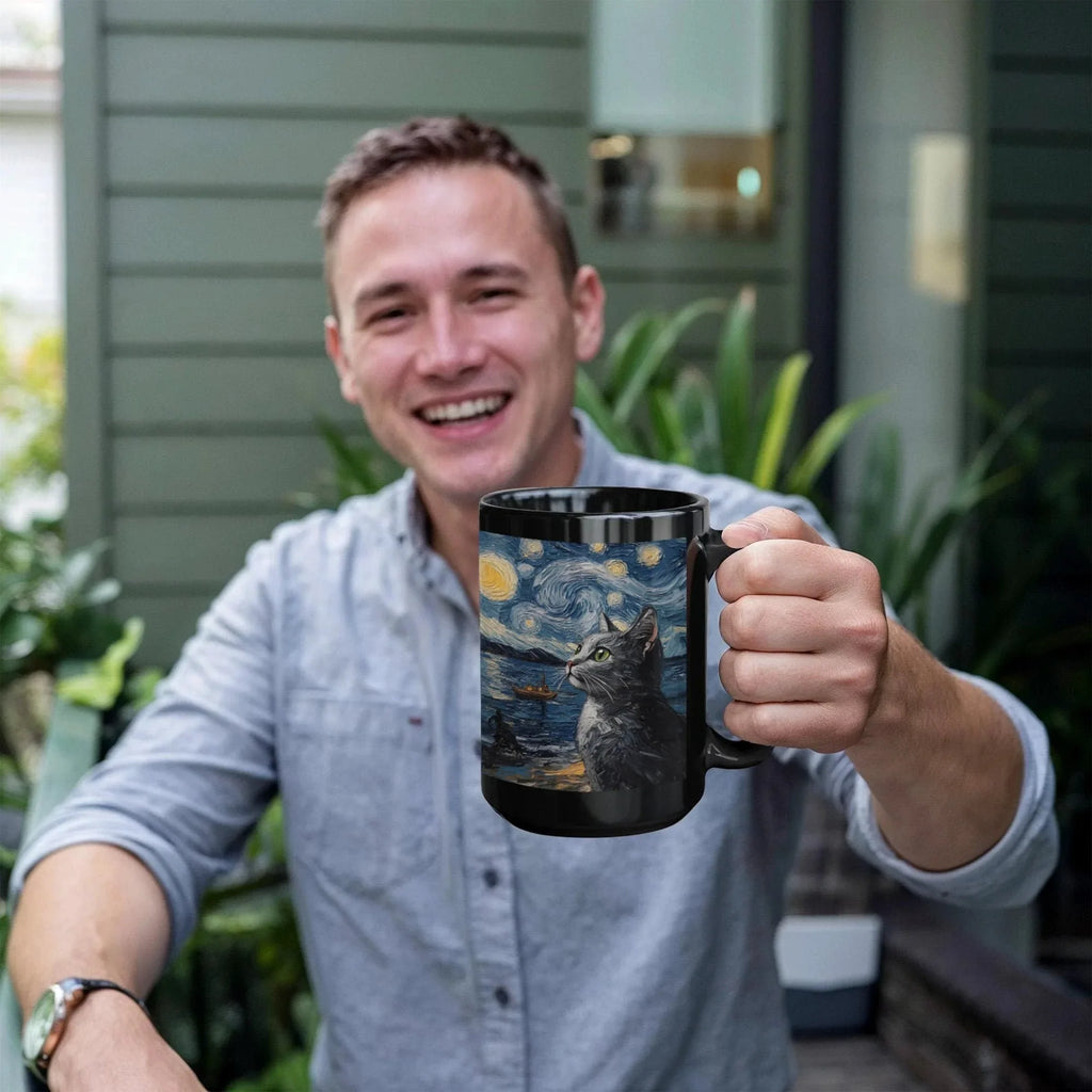 Starry Night Cat Mug – Black Ceramic Coffee Cup with Artistic Van Gogh Style Cat, Gift for Cat Lovers, Artists & Aesthetic Coffee Drinkers