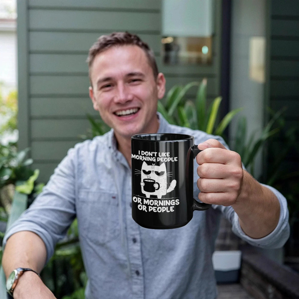 I Don't Like Morning People Funny Cat Mug – Sarcastic Cat Lover Black Coffee Cup