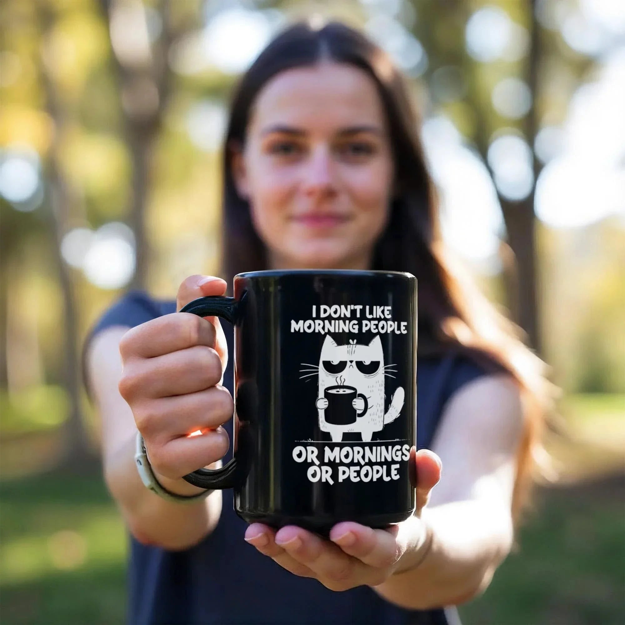 I Don't Like Morning People Funny Cat Mug – Sarcastic Cat Lover Black Coffee Cup