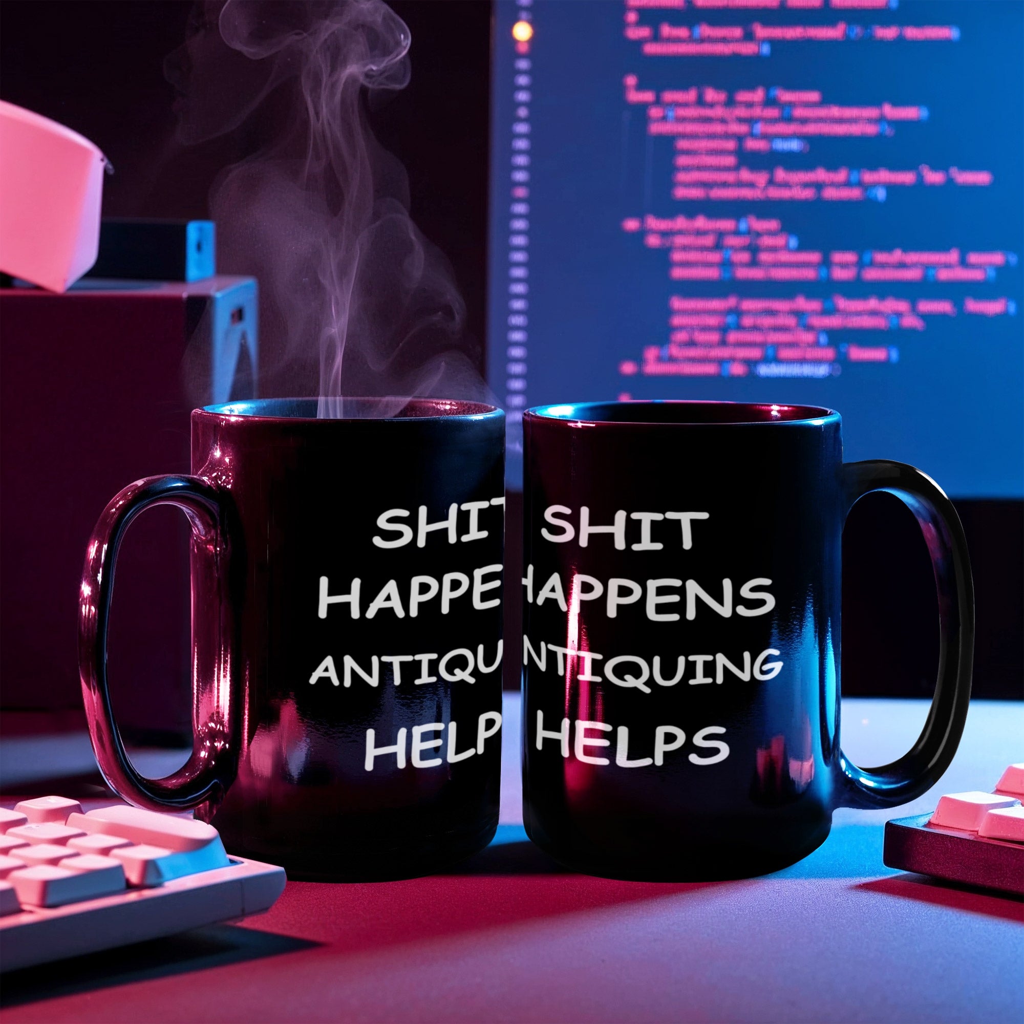 Shit Happens Antiquing Helps Funny Antiquers Coffee Mug – Humor Gift for Antique Lovers, Vintage Hunters, Treasure Pickers, Flea Market Fans – Black Ceramic Mug