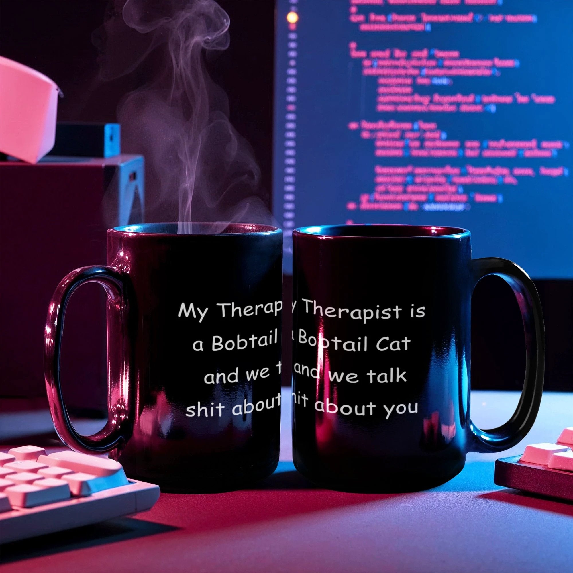 My Therapist Is a Bobtail Cat Funny Cat Lover Black Ceramic Coffee Mug