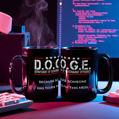 D.O.G.E. Coffee Mug – Funny Conservative Political Gift – Fighting Fraud, Cutting Waste, Saving Billions – 11oz & 15oz Black Ceramic Cup - Mallard Moon Gift Shop