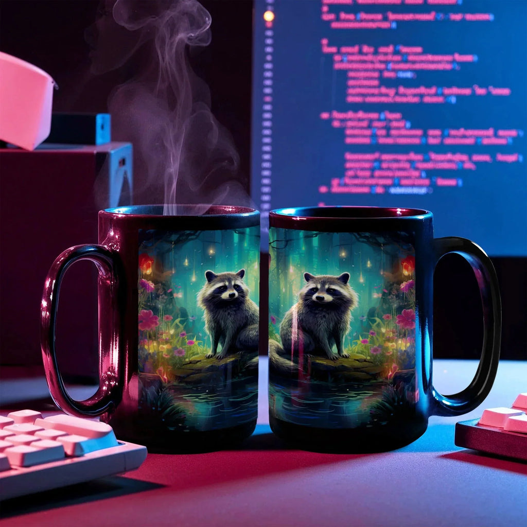 Enchanted Raccoon Black Coffee Mug – Fantasy Forest Animal Design | 11oz & 15oz Ceramic Mug