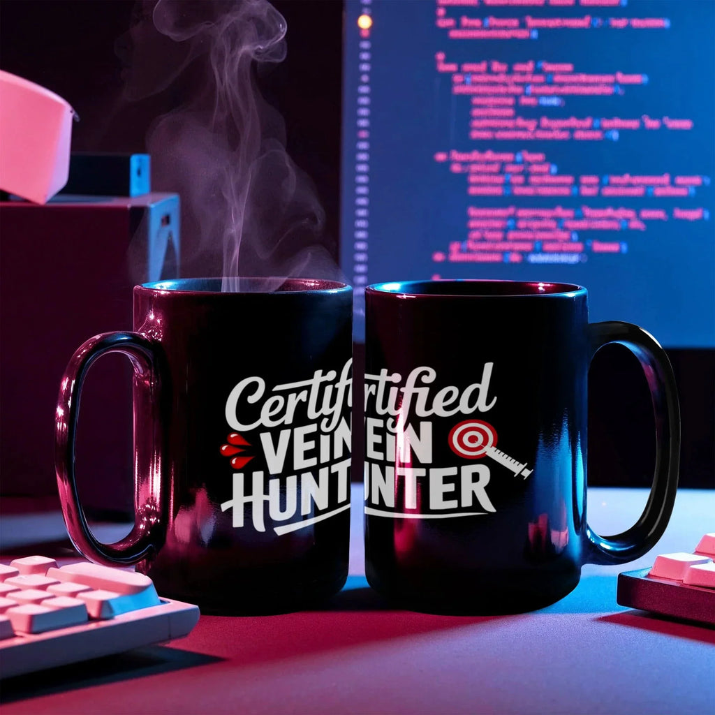 Certified Vein Hunter Phlebotomist Black Coffee Mug – Funny Medical Lab Tech Gift for Coworkers, Nurses & Students