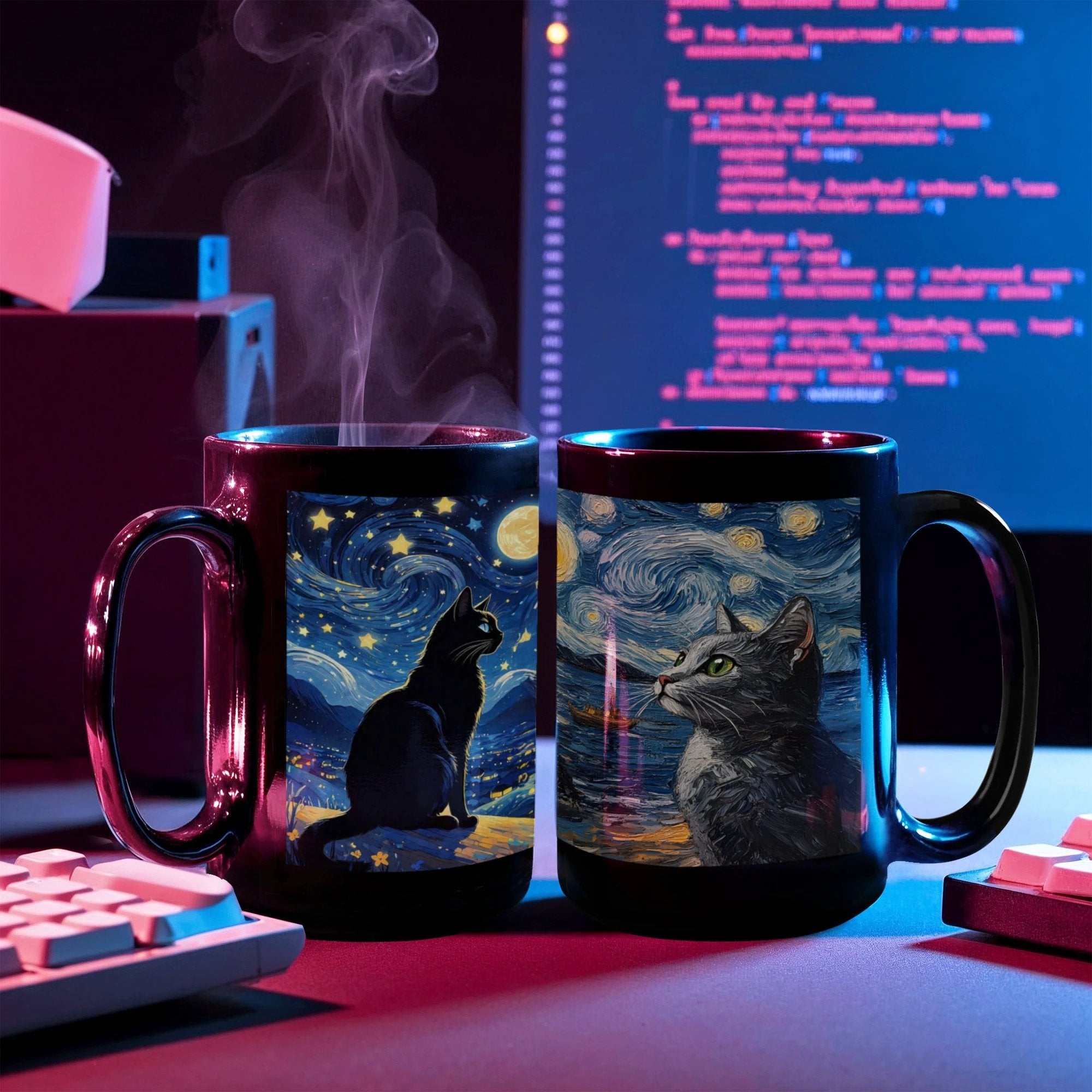 Starry Night Cat Mug – Black Ceramic Coffee Cup with Artistic Van Gogh Style Cat, Gift for Cat Lovers, Artists & Aesthetic Coffee Drinkers