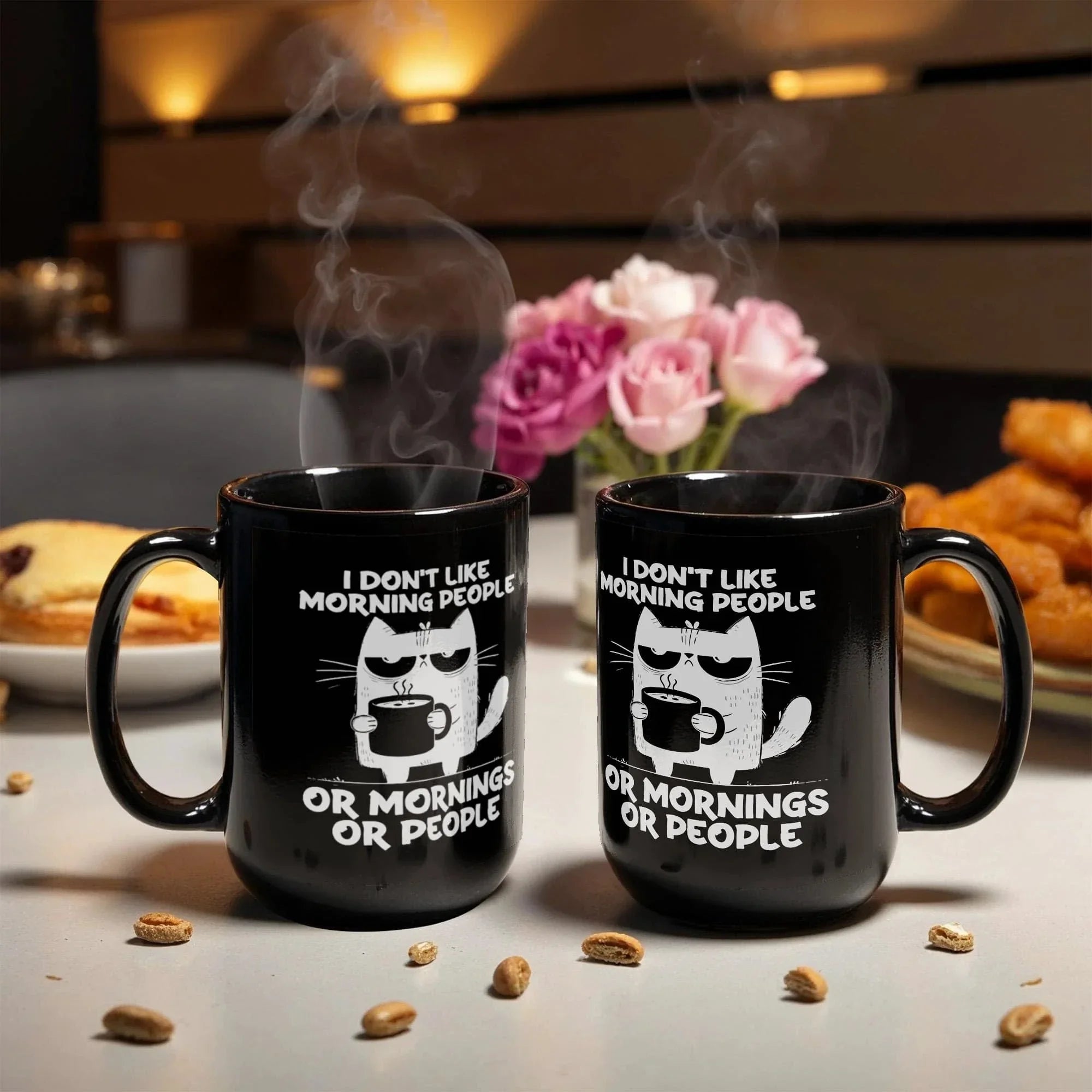 I Don't Like Morning People Funny Cat Mug – Sarcastic Cat Lover Black Coffee Cup