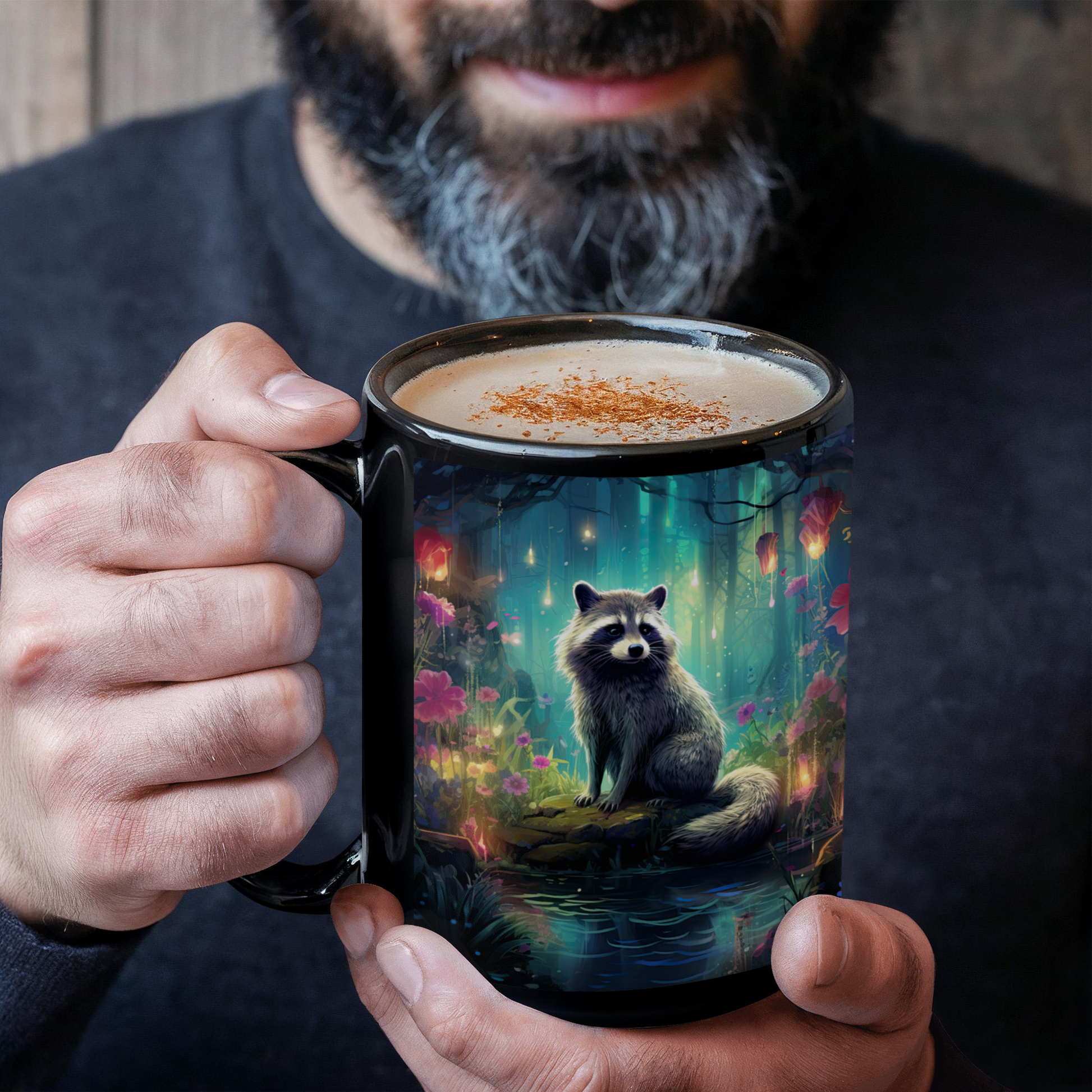 Enchanted Raccoon Black Coffee Mug – Fantasy Forest Animal Design | 11oz & 15oz Ceramic Mug - Mallard Moon Gift Shop