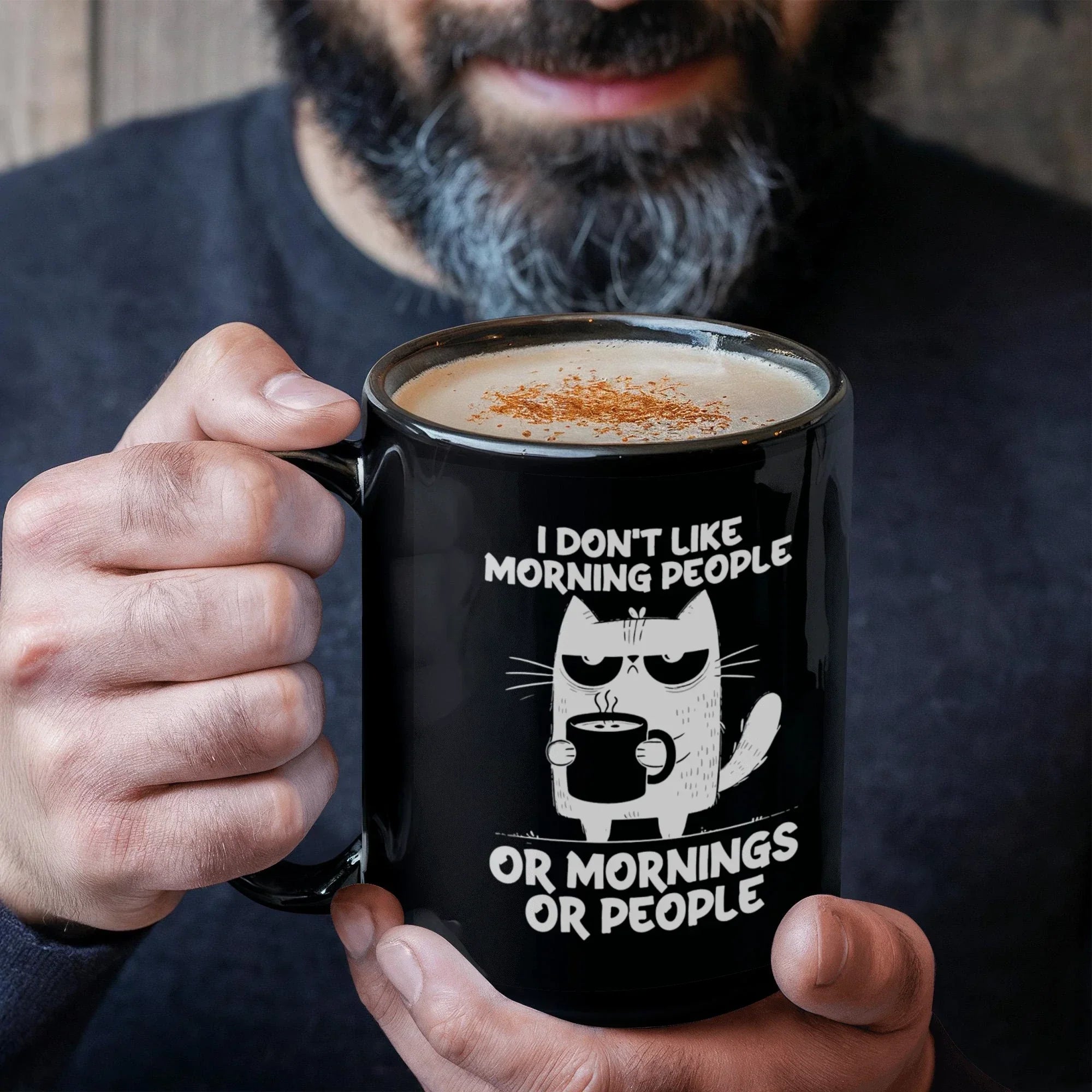 I Don't Like Morning People Funny Cat Mug – Sarcastic Cat Lover Black Coffee Cup