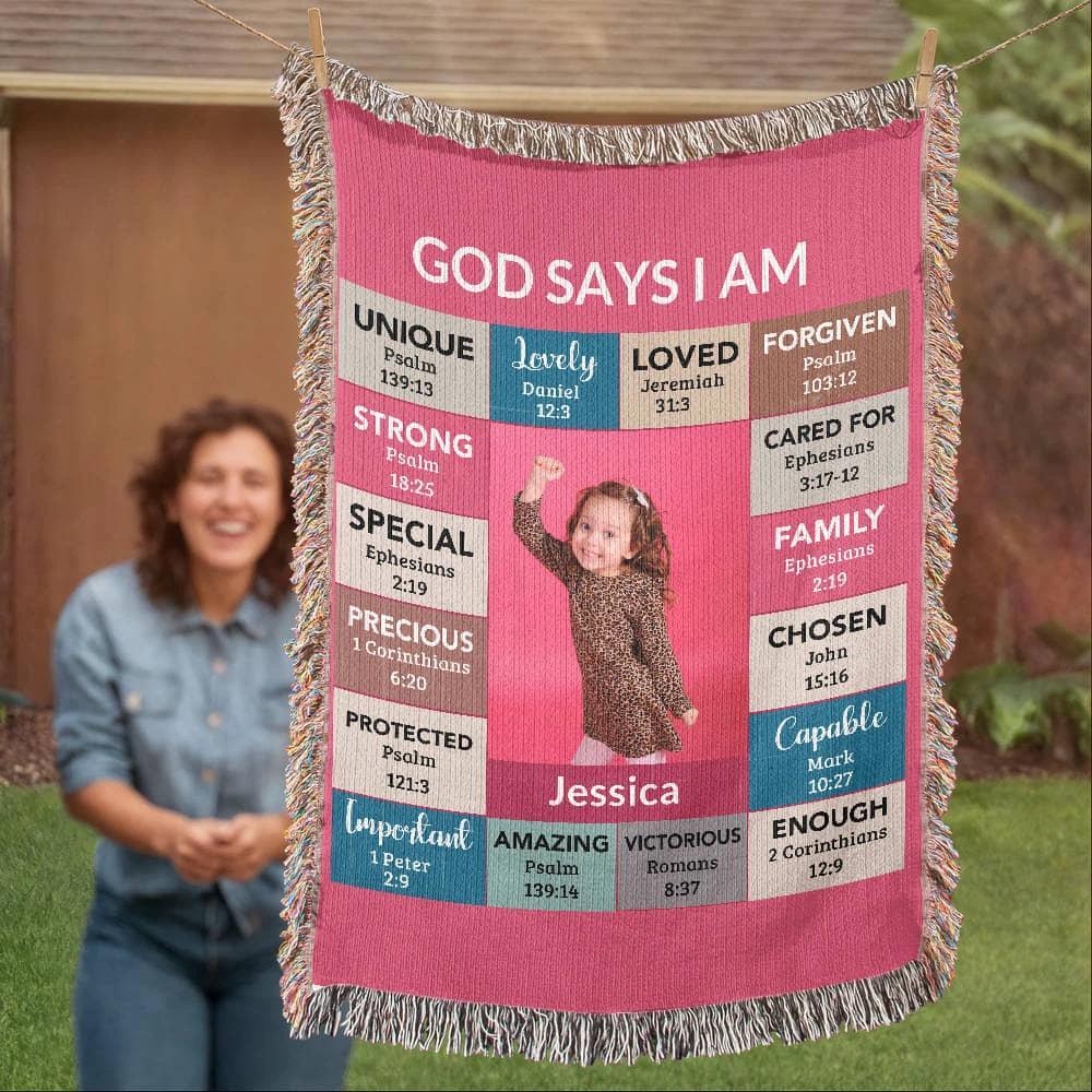 God Says I Am Personalized Woven Blanket – Custom Name & Photo – Christian Throw Blanket with Bible Verses – Faith Gift for Daughter, Granddaughter, Niece, or Goddaughter