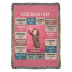 God Says I Am Personalized Woven Blanket – Custom Name & Photo – Christian Throw Blanket with Bible Verses – Faith Gift for Daughter, Granddaughter, Niece, or Goddaughter