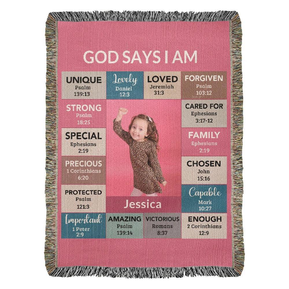 God Says I Am Personalized Woven Blanket – Custom Name & Photo – Christian Throw Blanket with Bible Verses – Faith Gift for Daughter, Granddaughter, Niece, or Goddaughter