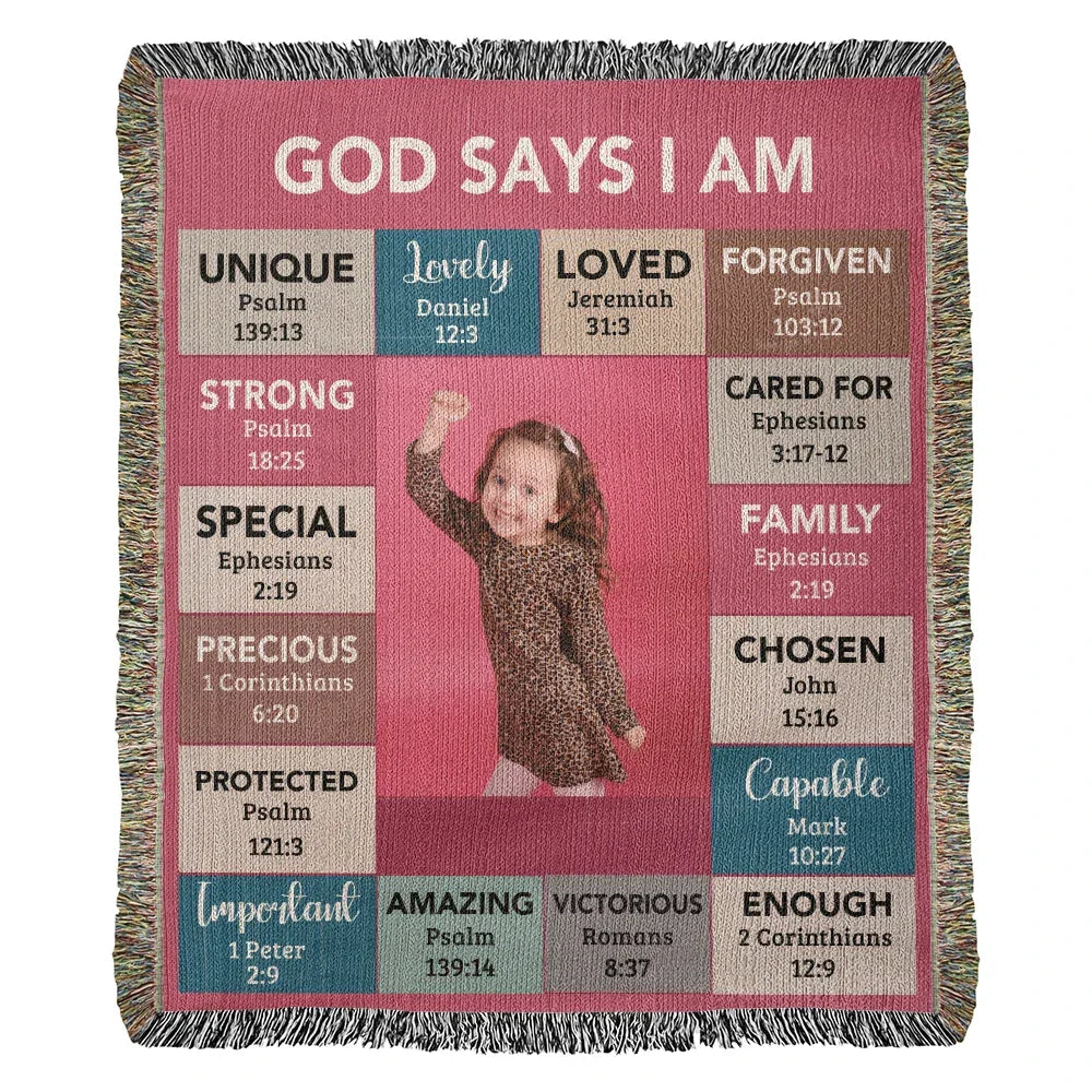 God Says I Am Personalized Woven Blanket – Custom Name & Photo – Christian Throw Blanket with Bible Verses – Faith Gift for Daughter, Granddaughter, Niece, or Goddaughter