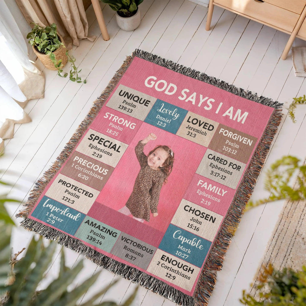 God Says I Am Personalized Woven Blanket – Custom Name & Photo – Christian Throw Blanket with Bible Verses – Faith Gift for Daughter, Granddaughter, Niece, or Goddaughter