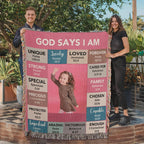 God Says I Am Personalized Woven Blanket – Custom Name & Photo – Christian Throw Blanket with Bible Verses – Faith Gift for Daughter, Granddaughter, Niece, or Goddaughter