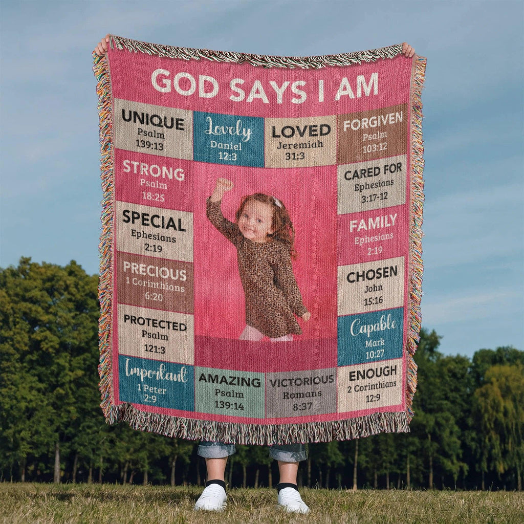 God Says I Am Personalized Woven Blanket – Custom Name & Photo – Christian Throw Blanket with Bible Verses – Faith Gift for Daughter, Granddaughter, Niece, or Goddaughter