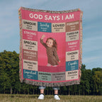 God Says I Am Personalized Woven Blanket – Custom Name & Photo – Christian Throw Blanket with Bible Verses – Faith Gift for Daughter, Granddaughter, Niece, or Goddaughter