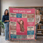 God Says I Am Personalized Woven Blanket – Custom Name & Photo – Christian Throw Blanket with Bible Verses – Faith Gift for Daughter, Granddaughter, Niece, or Goddaughter