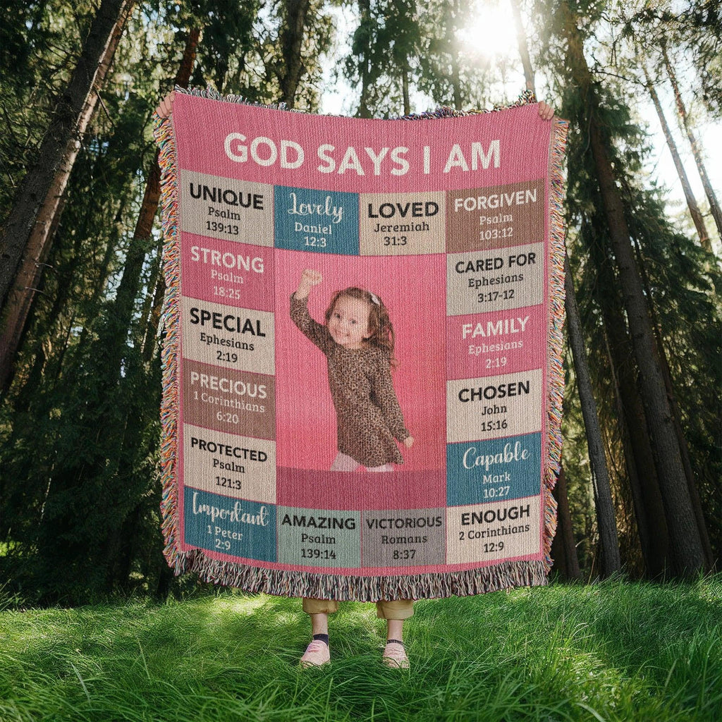 God Says I Am Personalized Woven Blanket – Custom Name & Photo – Christian Throw Blanket with Bible Verses – Faith Gift for Daughter, Granddaughter, Niece, or Goddaughter