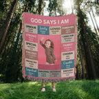God Says I Am Personalized Woven Blanket – Custom Name & Photo – Christian Throw Blanket with Bible Verses – Faith Gift for Daughter, Granddaughter, Niece, or Goddaughter