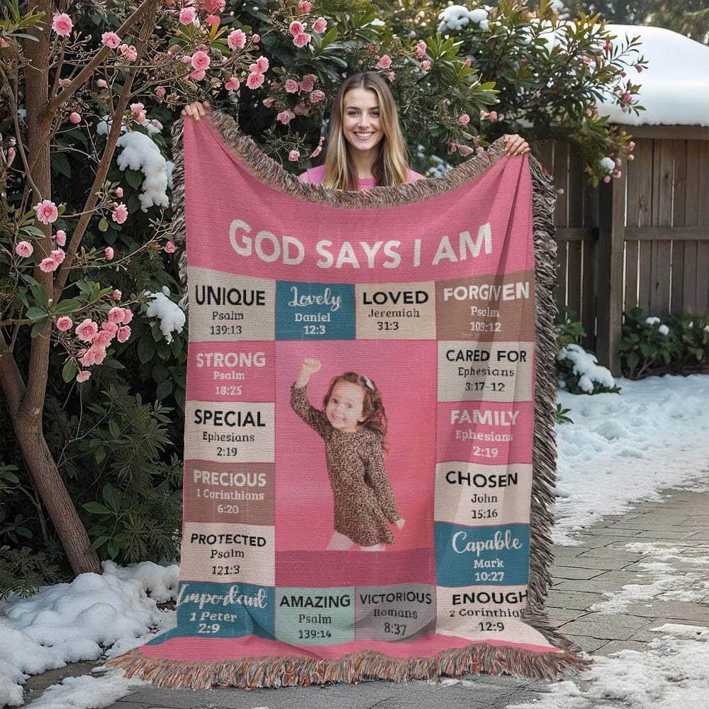 God Says I Am Personalized Woven Blanket – Custom Name & Photo – Christian Throw Blanket with Bible Verses – Faith Gift for Daughter, Granddaughter, Niece, or Goddaughter