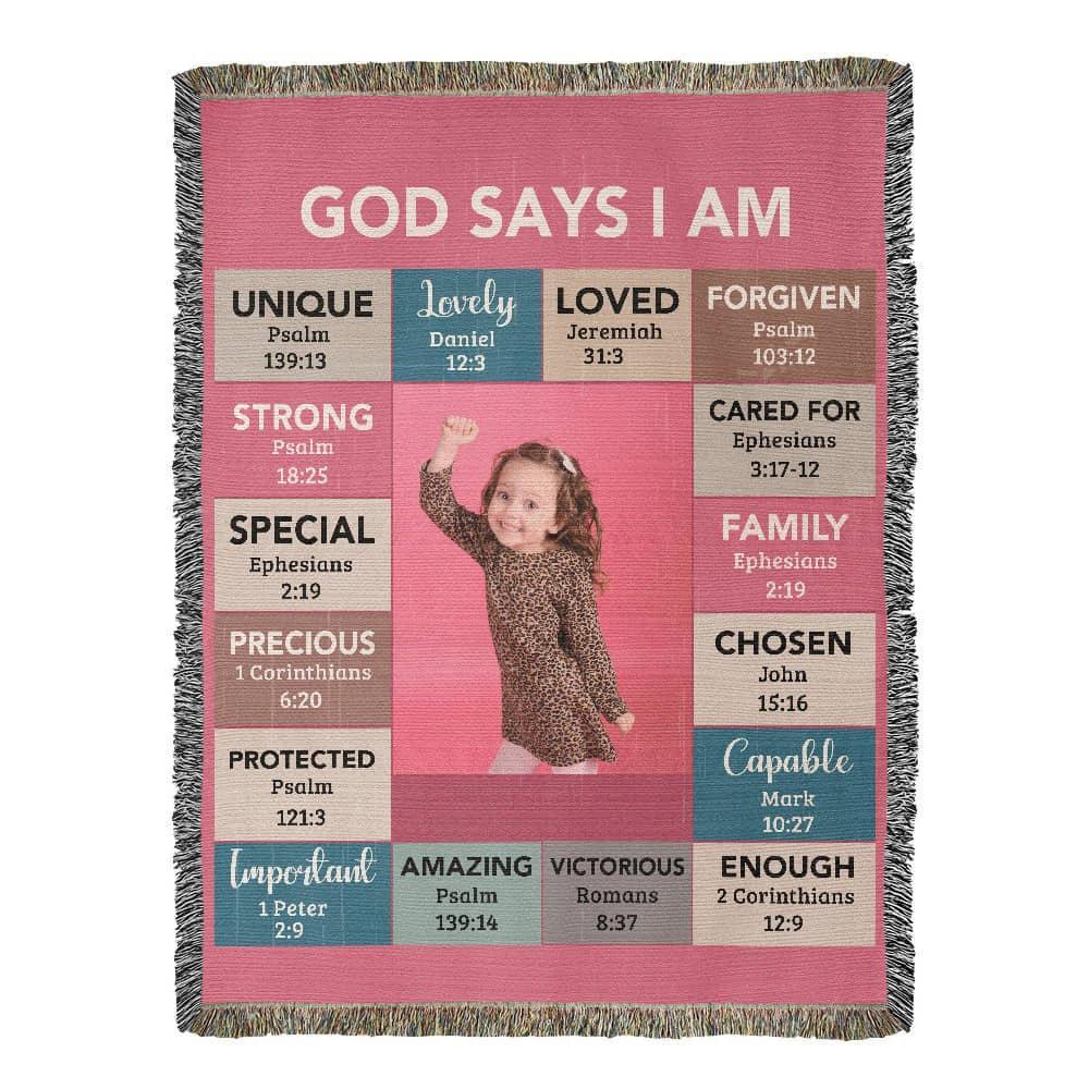 God Says I Am Personalized Woven Blanket – Custom Name & Photo – Christian Throw Blanket with Bible Verses – Faith Gift for Daughter, Granddaughter, Niece, or Goddaughter