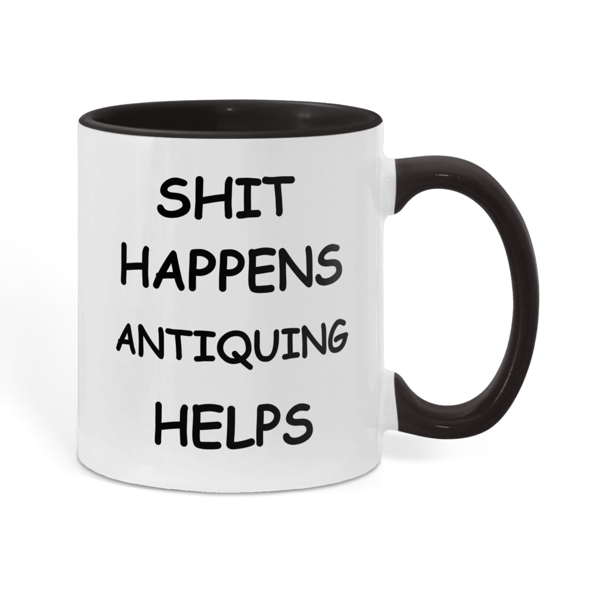 Shit Happens Antiquing Helps Funny Two-Tone Coffee Mug – Gift for Antique Lovers, Vintage Collectors & Flea Market Fans – Colored Accent Mug