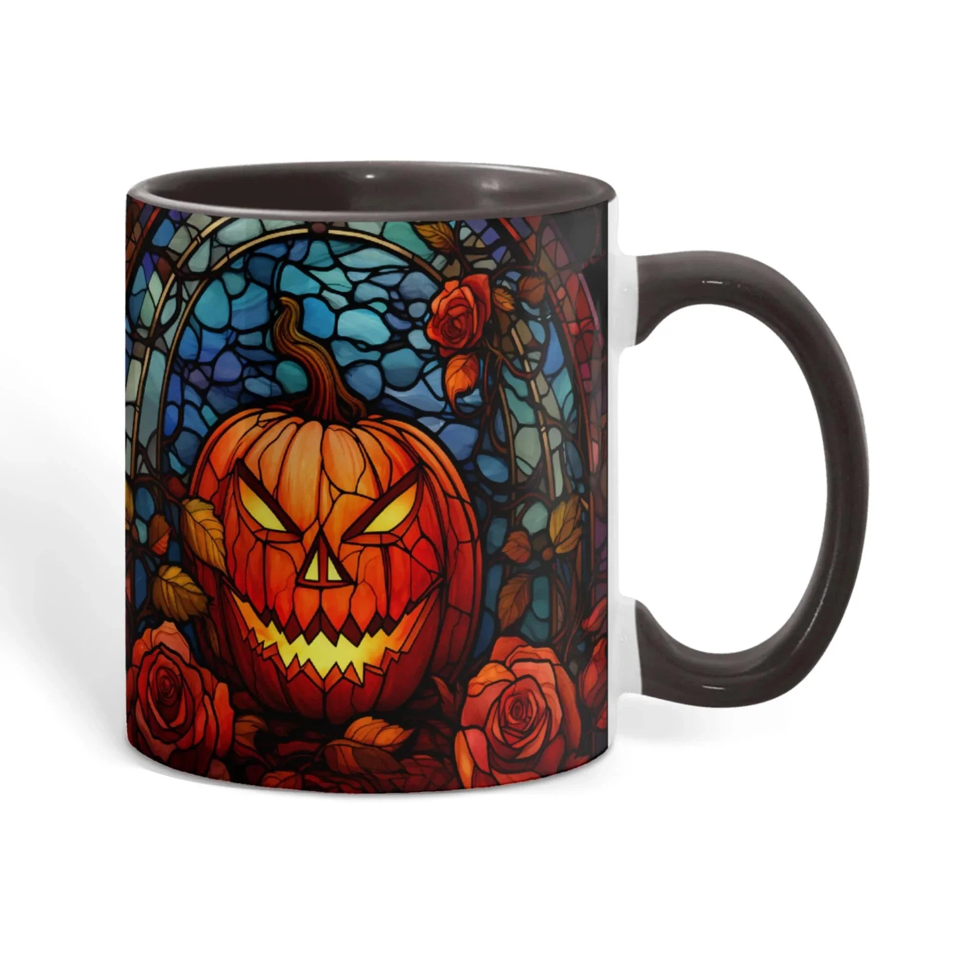 Stained Glass Pumpkin Halloween Ceramic Two Toned Accent Color Mug – Vibrant Jack-O'-Lantern Coffee Cup