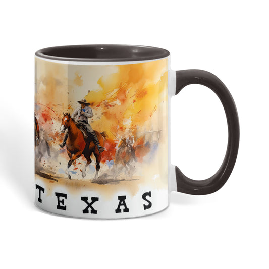 Texas Rodeo Cowboy Two-Tone Accent Mug – 11oz & 15oz – Western Cutting Horses Coffee Cup with Colored Interior & Handle