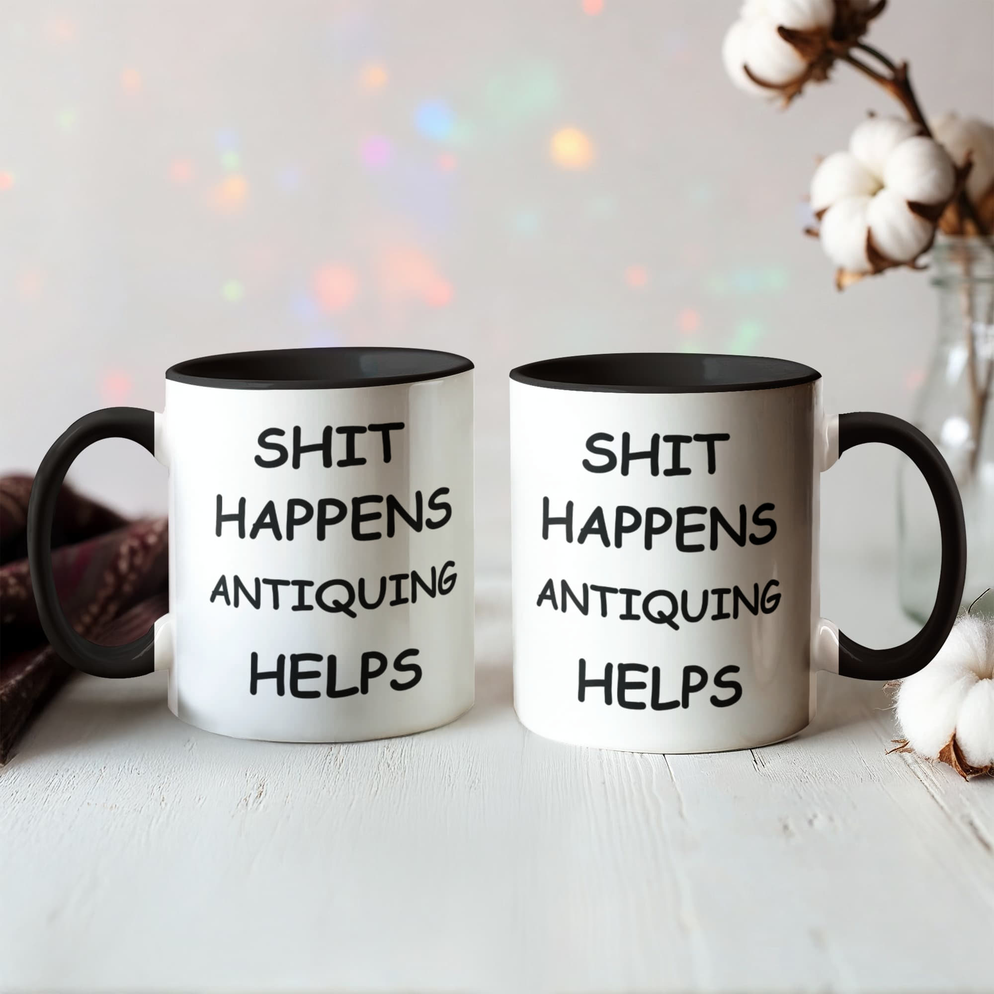 Shit Happens Antiquing Helps Funny Two-Tone Coffee Mug – Gift for Antique Lovers, Vintage Collectors & Flea Market Fans – Colored Accent Mug