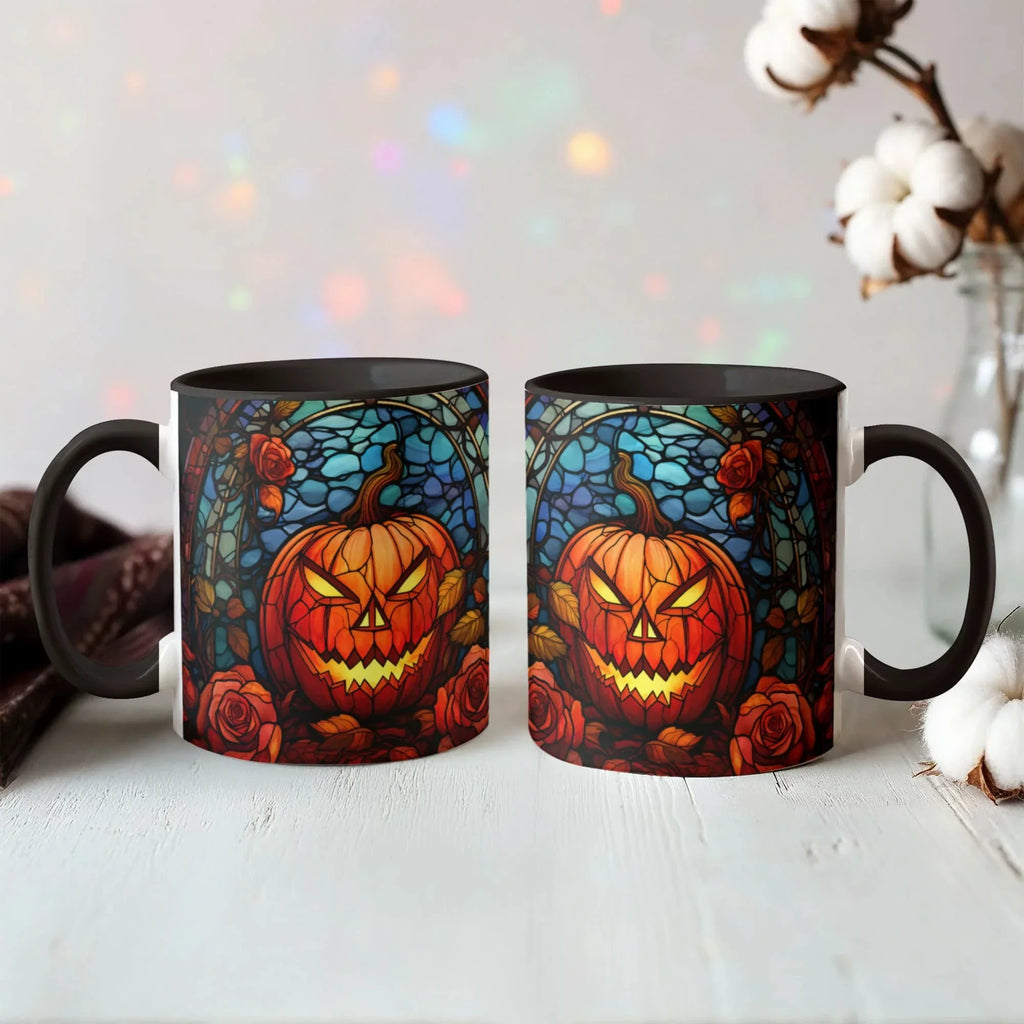 Stained Glass Pumpkin Halloween Ceramic Two Toned Accent Color Mug – Vibrant Jack-O'-Lantern Coffee Cup