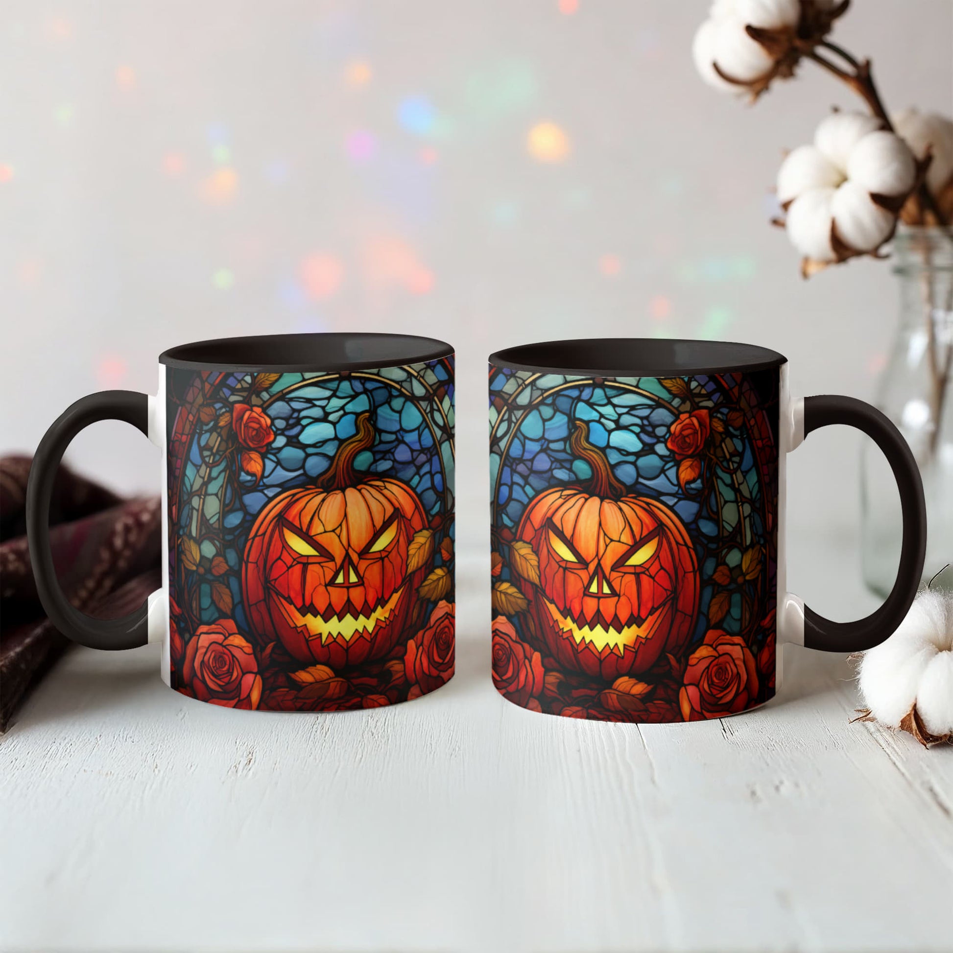 Stained Glass Pumpkin Halloween Ceramic Two Toned Accent Color Mug – Vibrant Jack-O'-Lantern Coffee Cup - Mallard Moon