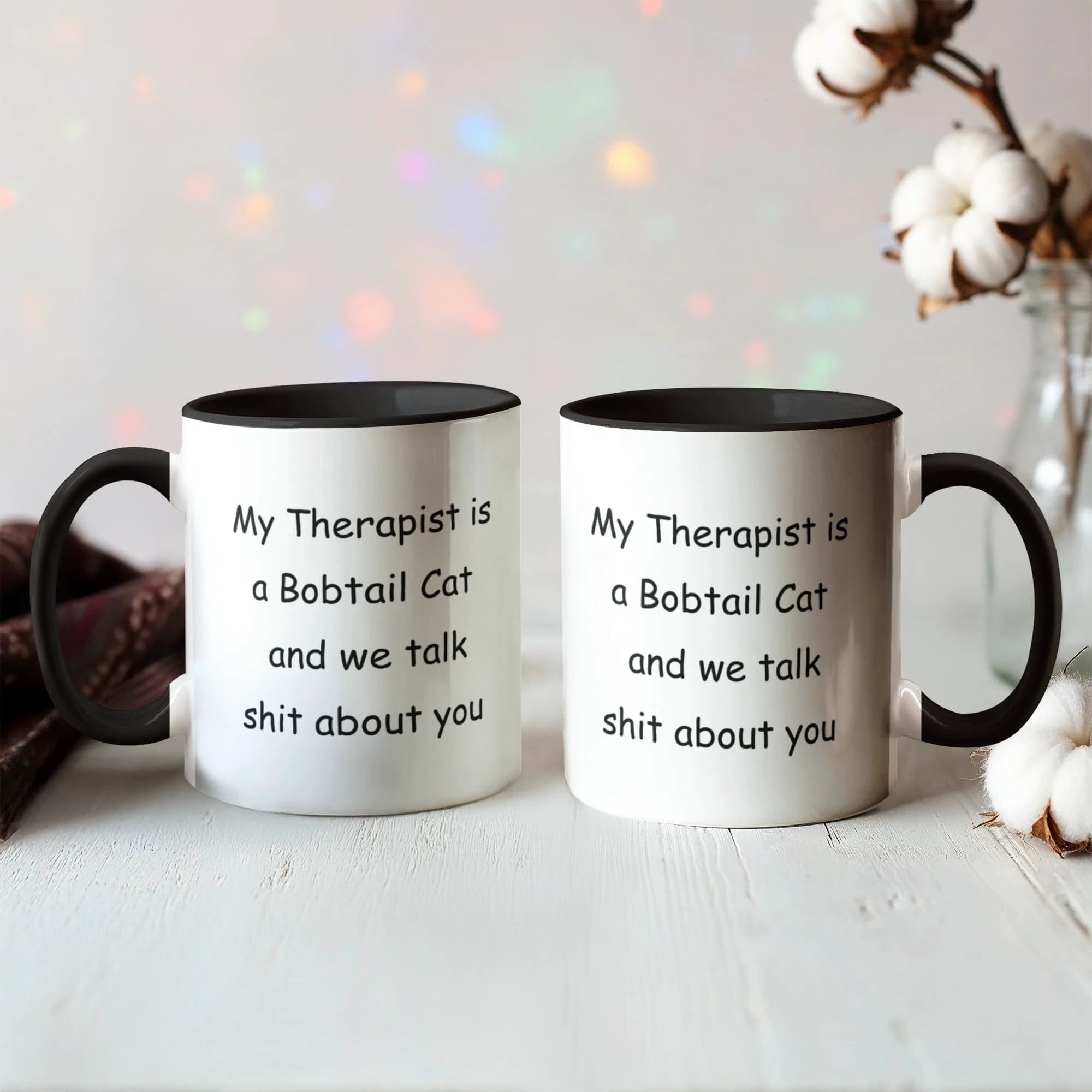 My Therapist Is a Bobtail Cat Funny Cat Lover Ceramic Two-tone Color Coffee Mug – Sarcastic Gift for Cat Lovers