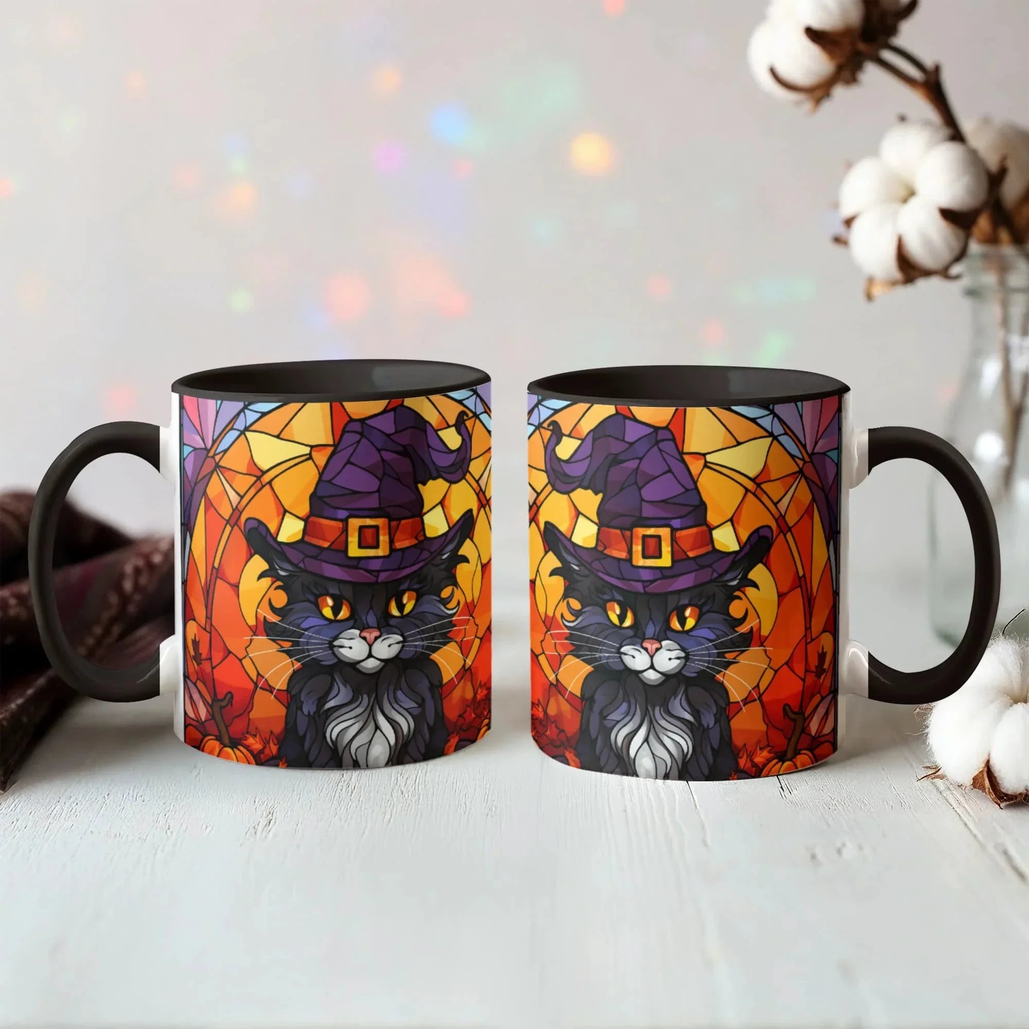 Halloween Black Cat Witch Stained Glass Ceramic Two-tone Mug – Spooky Fall Coffee Cup for Cat Lovers