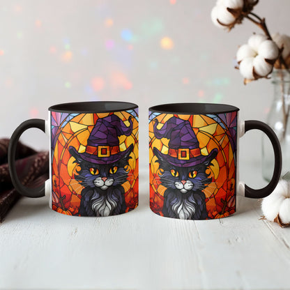 Halloween Black Cat Witch Stained Glass Ceramic Two-tone Mug – Spooky Fall Coffee Cup for Cat Lovers - Mallard Moon