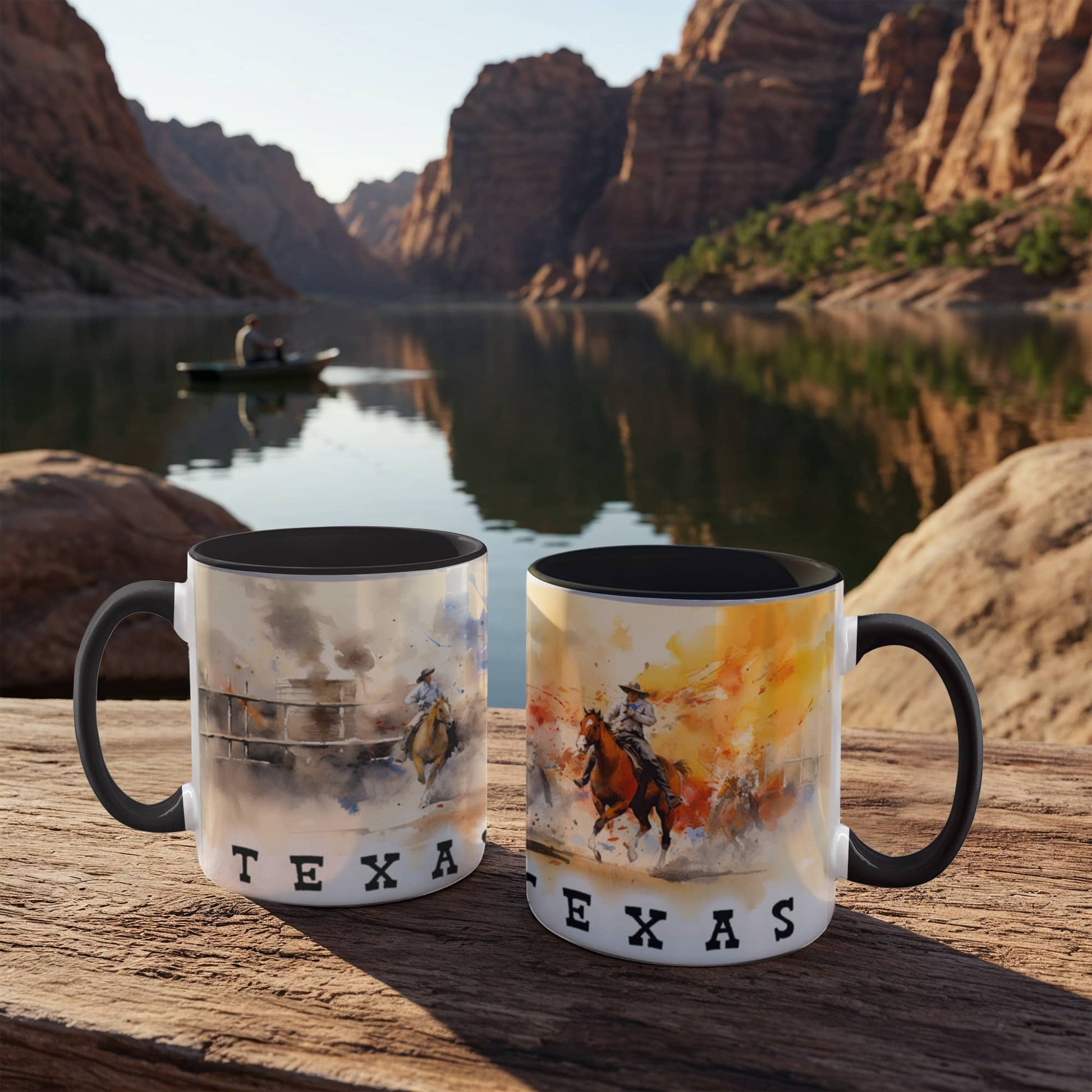 Texas Rodeo Cowboy Two-Tone Accent Mug – 11oz & 15oz – Western Cutting Horses Coffee Cup with Colored Interior & Handle - Mallard Moon Gift Shop