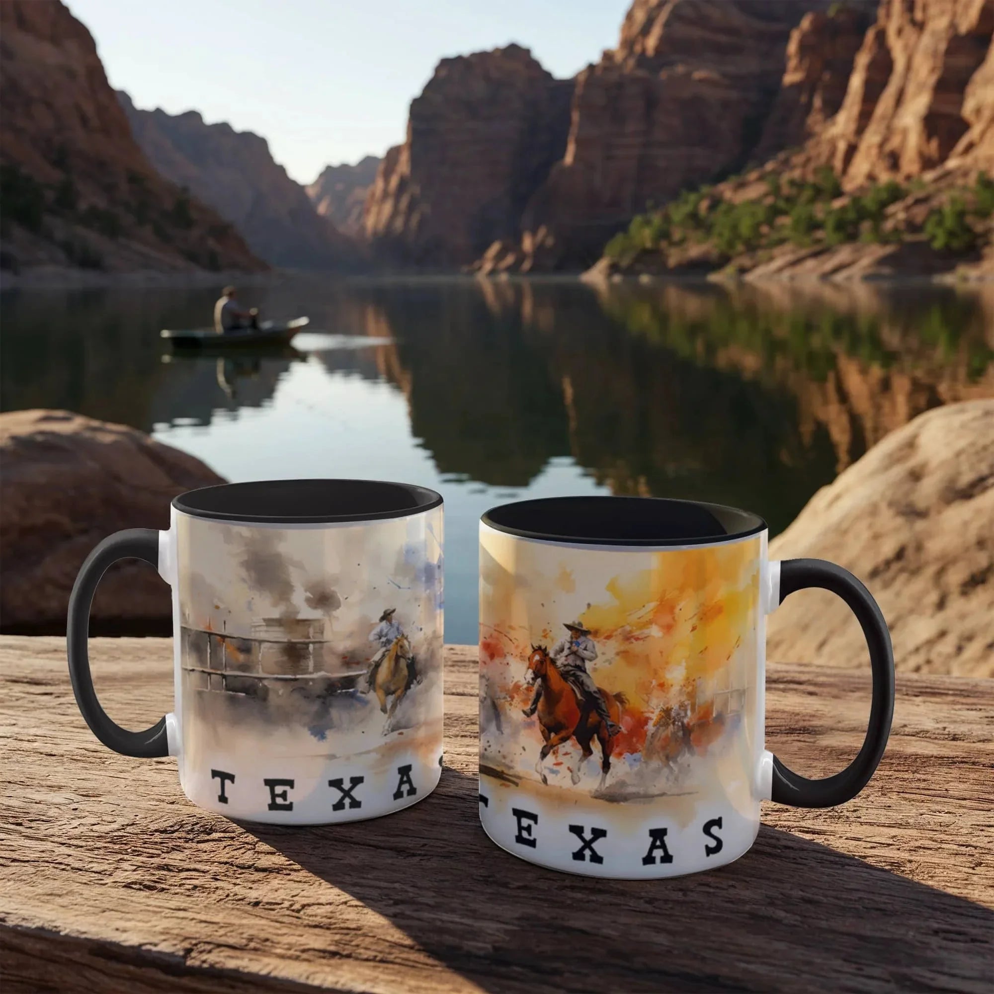 Texas Rodeo Cowboy Two-Tone Accent Mug – 11oz & 15oz – Western Cutting Horses Coffee Cup with Colored Interior & Handle