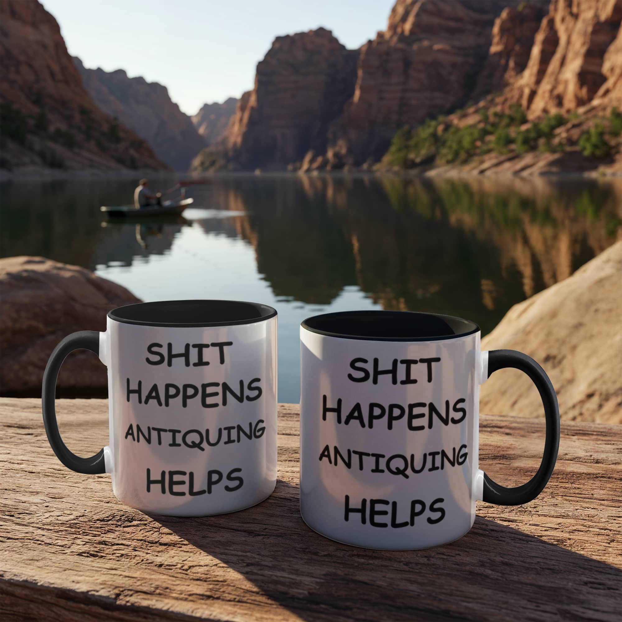 Shit Happens Antiquing Helps Funny Two-Tone Coffee Mug – Gift for Antique Lovers, Vintage Collectors & Flea Market Fans – Colored Accent Mug