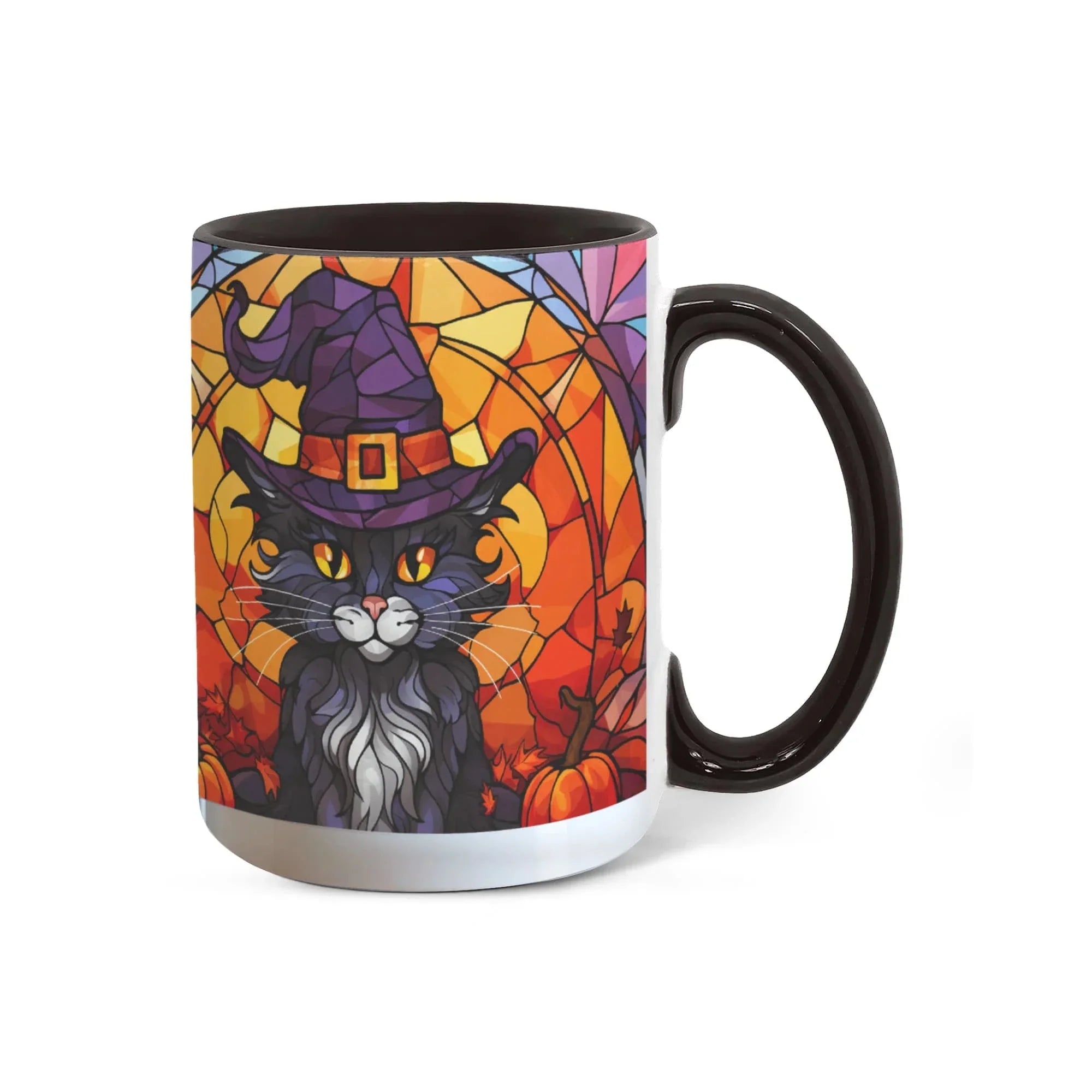 Halloween Black Cat Witch Stained Glass Ceramic Two-tone Mug – Spooky Fall Coffee Cup for Cat Lovers