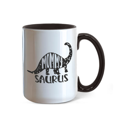 Mommy Saurus Dinosaur Mug – Funny Gift for Moms – Two Tone Color Accent Ceramic Coffee Mugs - Mallard Moon Gift Shop